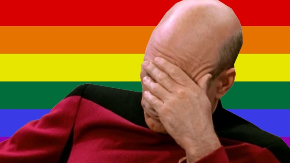 Słynny "facepalm" z serialu "Star Trek" na tle sześciobarwnej flagi LGBT