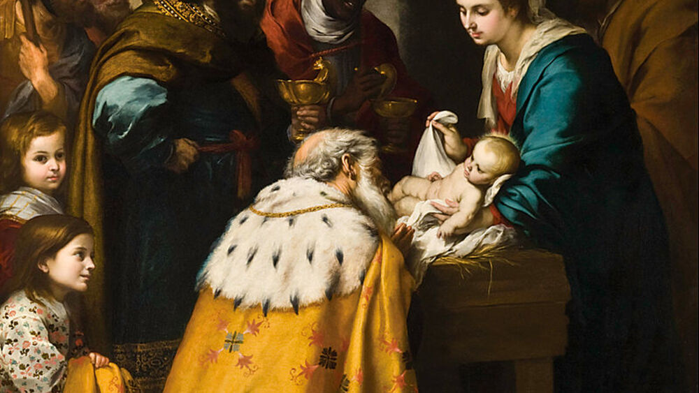 Pokłon Trzech Mędrców przed nowo narodzonym Jezusem (Adoración de los Reyes Magos, pędzla Bartoloméa Murillo; Muzeum w Toledo).