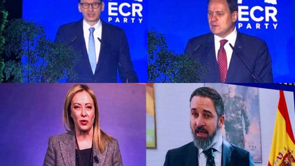 Premier Polski Mateusz Morawiecki, przewodniczący AWPL-ZChR Waldemar Tomaszewski, premier Włoch Giorgia Meloni, przewodniczący VOX Santiago Abascal