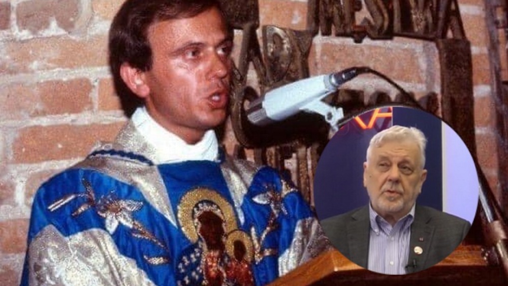Ksiądz Jerzy podczas jednego z kazań i Adam Nowosad
