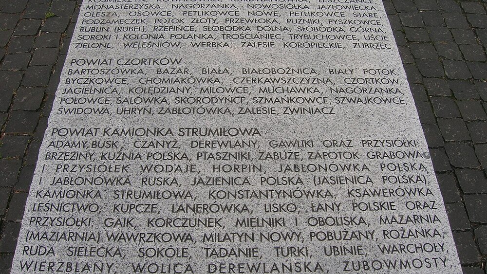 Tablica Pomnika ofiar zbrodni dokonanej na obywatelach polskich przez OUN-UPA wymieniająca Puźniki