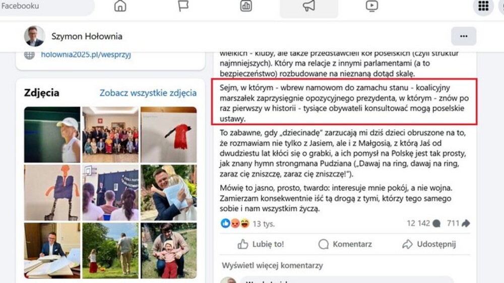 Zrzut ekranu z Facebooka Szymona Hołowni