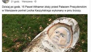 Brzozowa rzeźba Kaczyńskiego - prowokacja promowanego przez lewicę „artysty”, który blokował Marsz Niepodległości