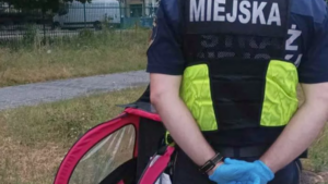 Dwójka dzieci w przyczepce rowerowej. Ojciec leżał na ziemi!